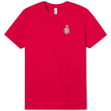 Red t-shirt with a small gold logo on a white background